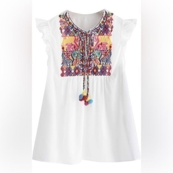 NWT Floerns Women's Ruffle Striped Mexican Embroidered Babydoll Blouse Top sz M - Picture 1 of 9